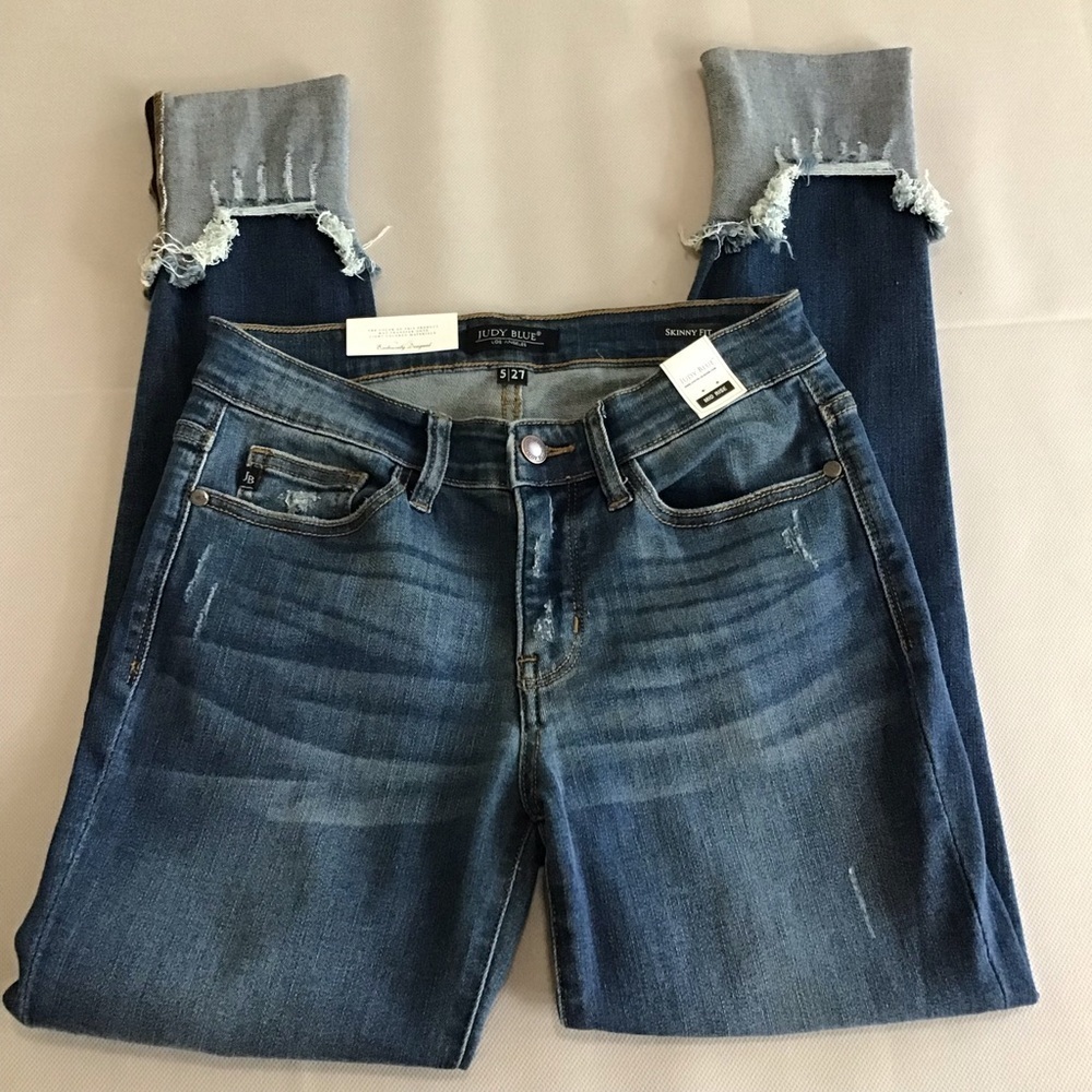 Judy Blue Dark Wash Distressed Skinny Crop Jeans - Picture 4 of 11